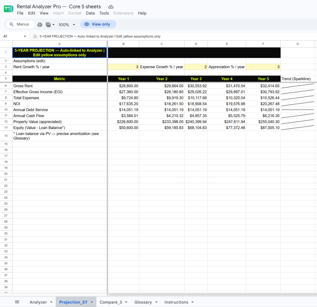 5-Year Equity & Cash Flow Projection sheet: $52,387 PV, sparkline trend